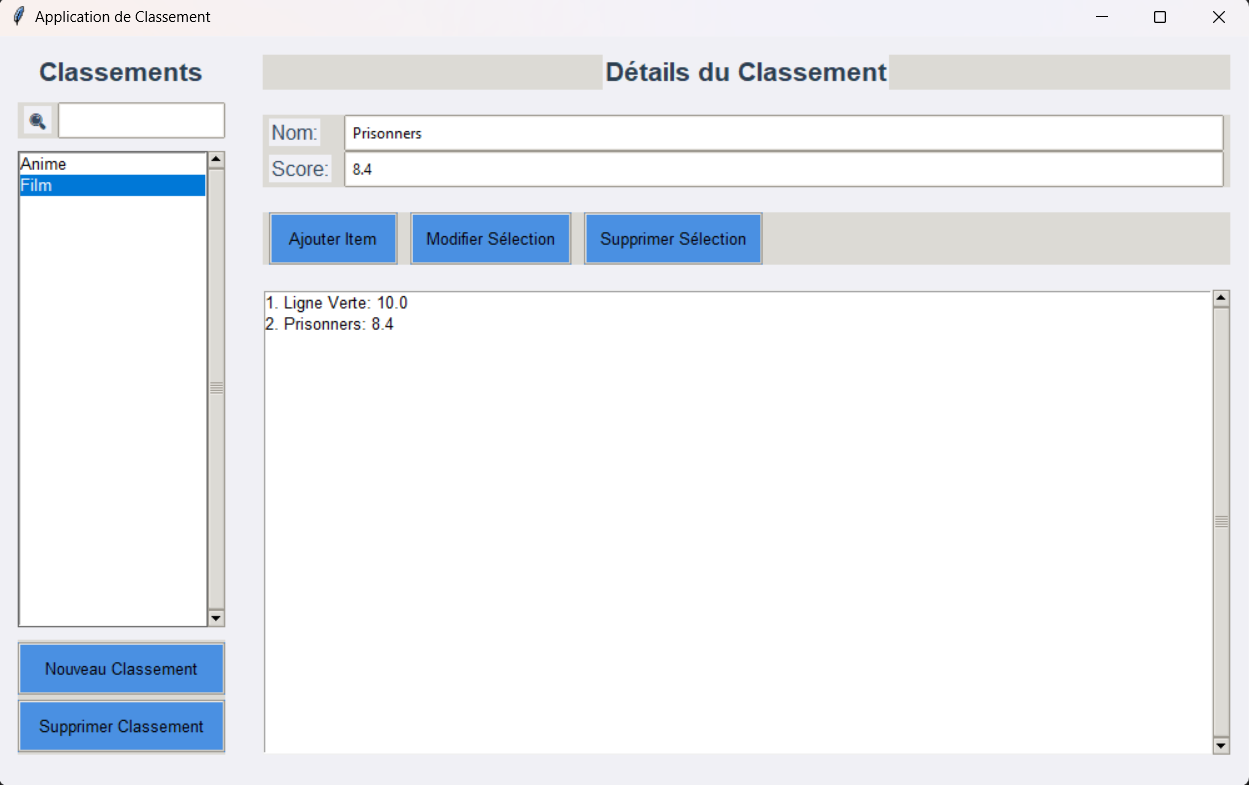 Fonctionnalités de l'application de classement