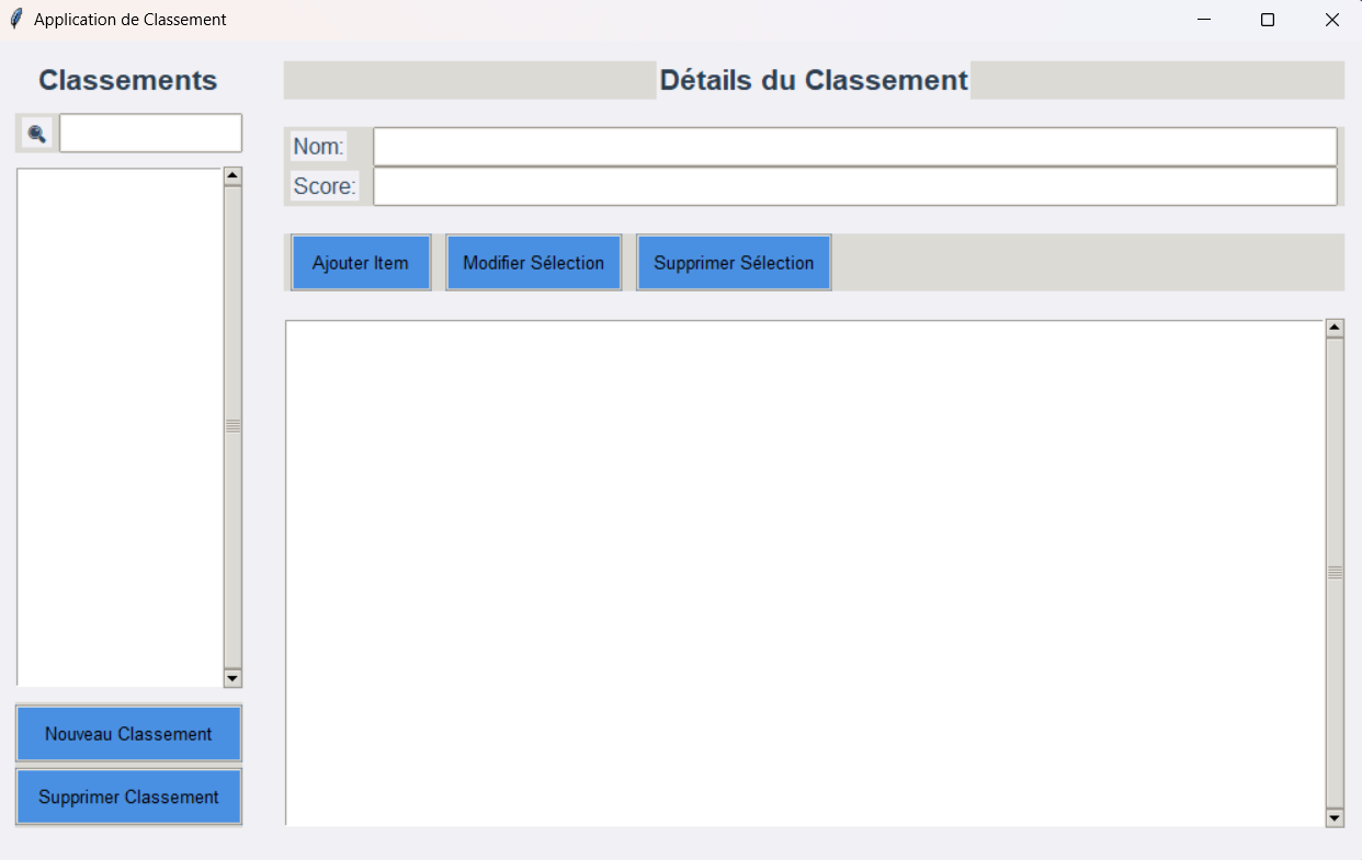 Interface principale de l'application de classement