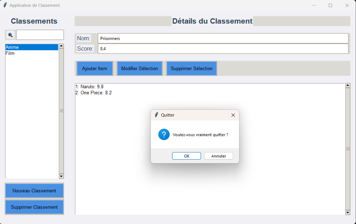 Export des données de l'application de classement