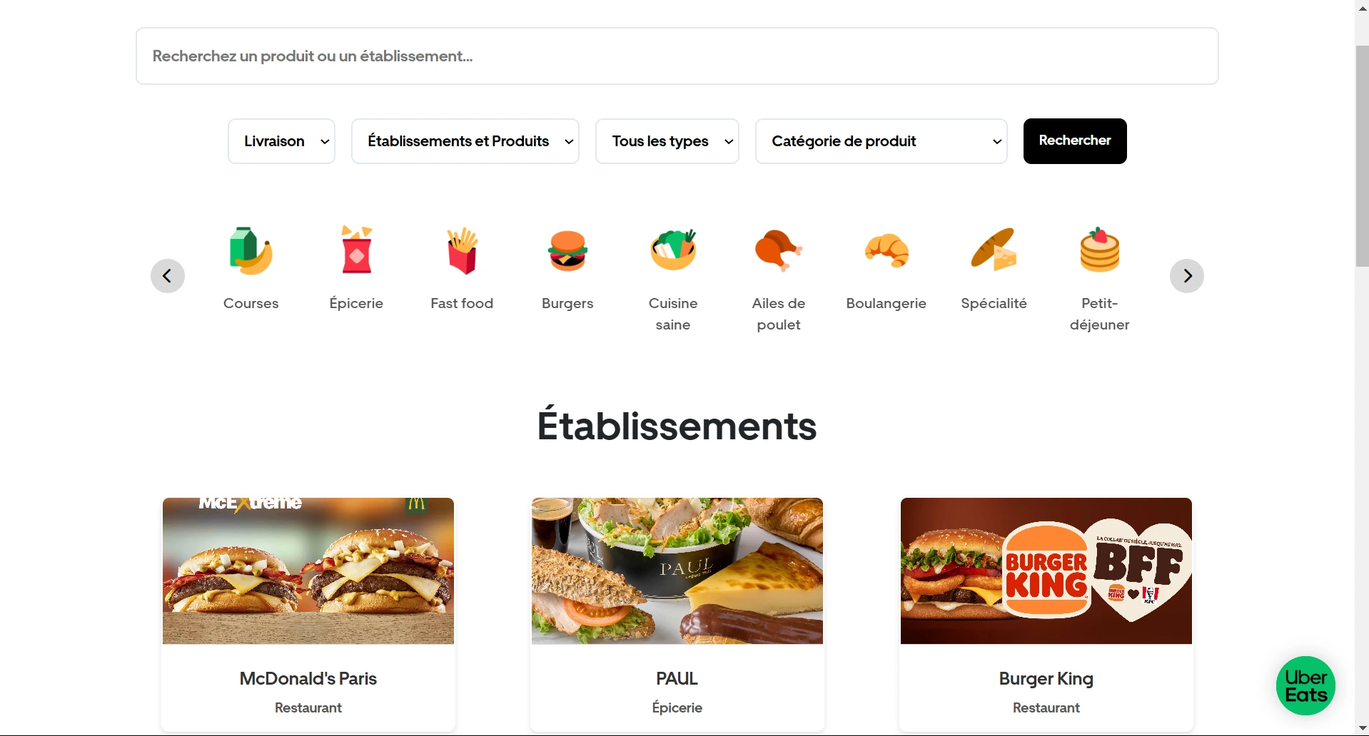 Capture d'écran du filtrage d'établissements