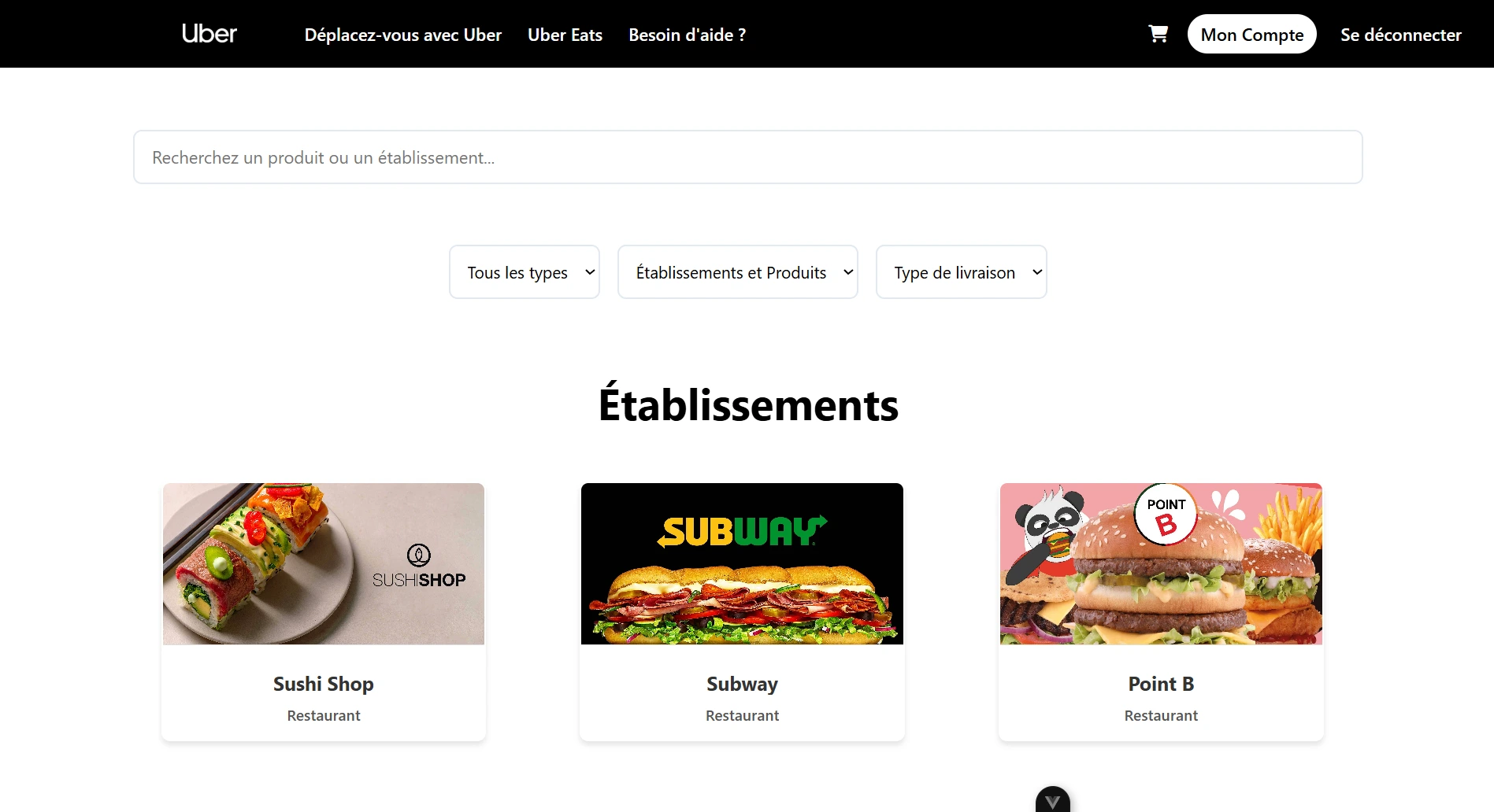Filtres et options de recherche du clone Uber
