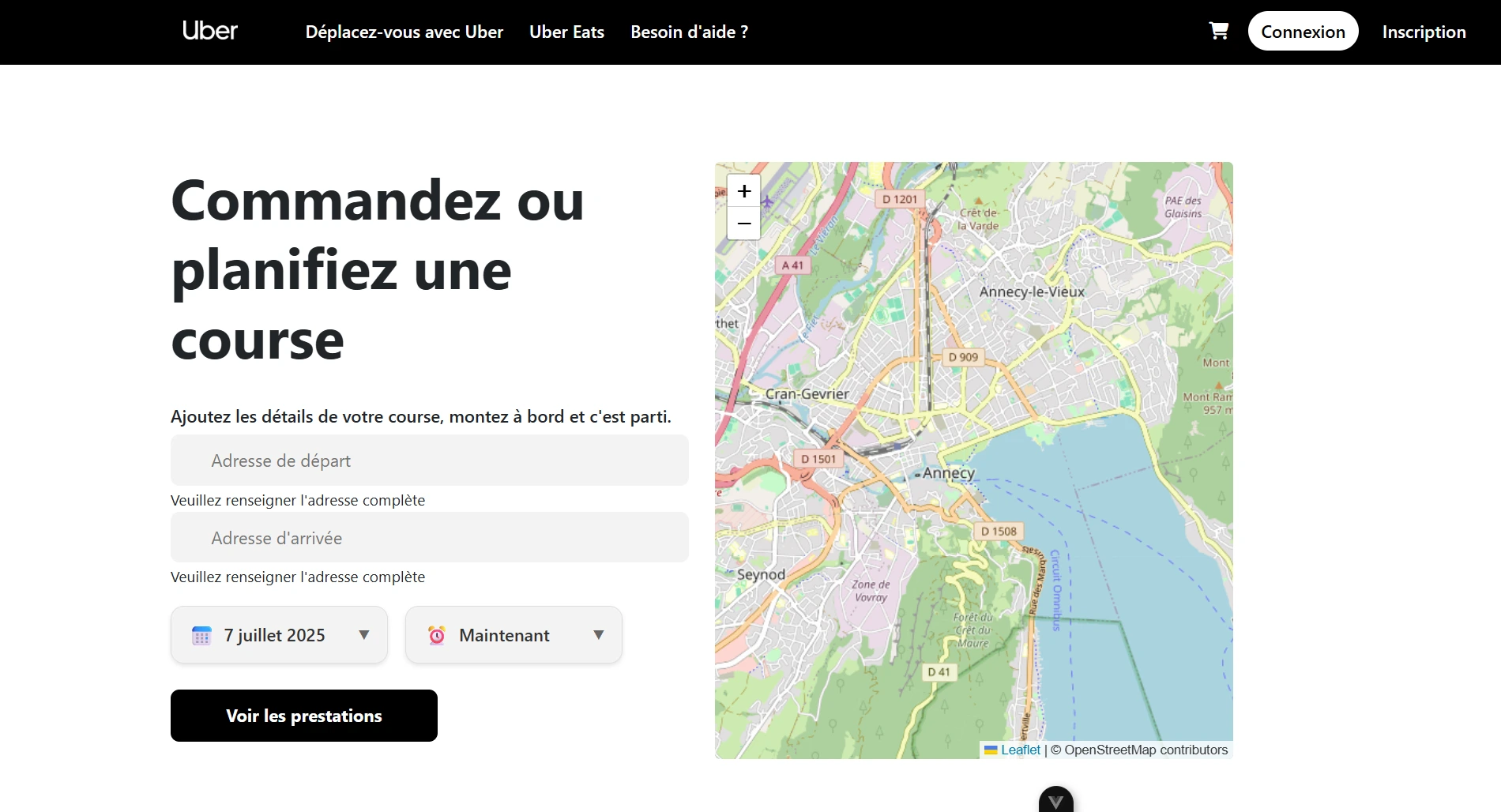 Page d'accueil du clone Uber