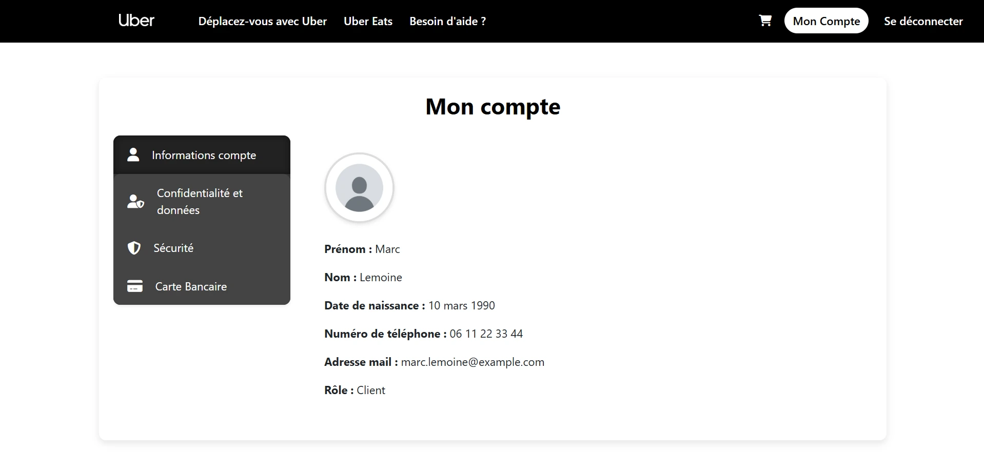 Page mon compte du clone Uber
